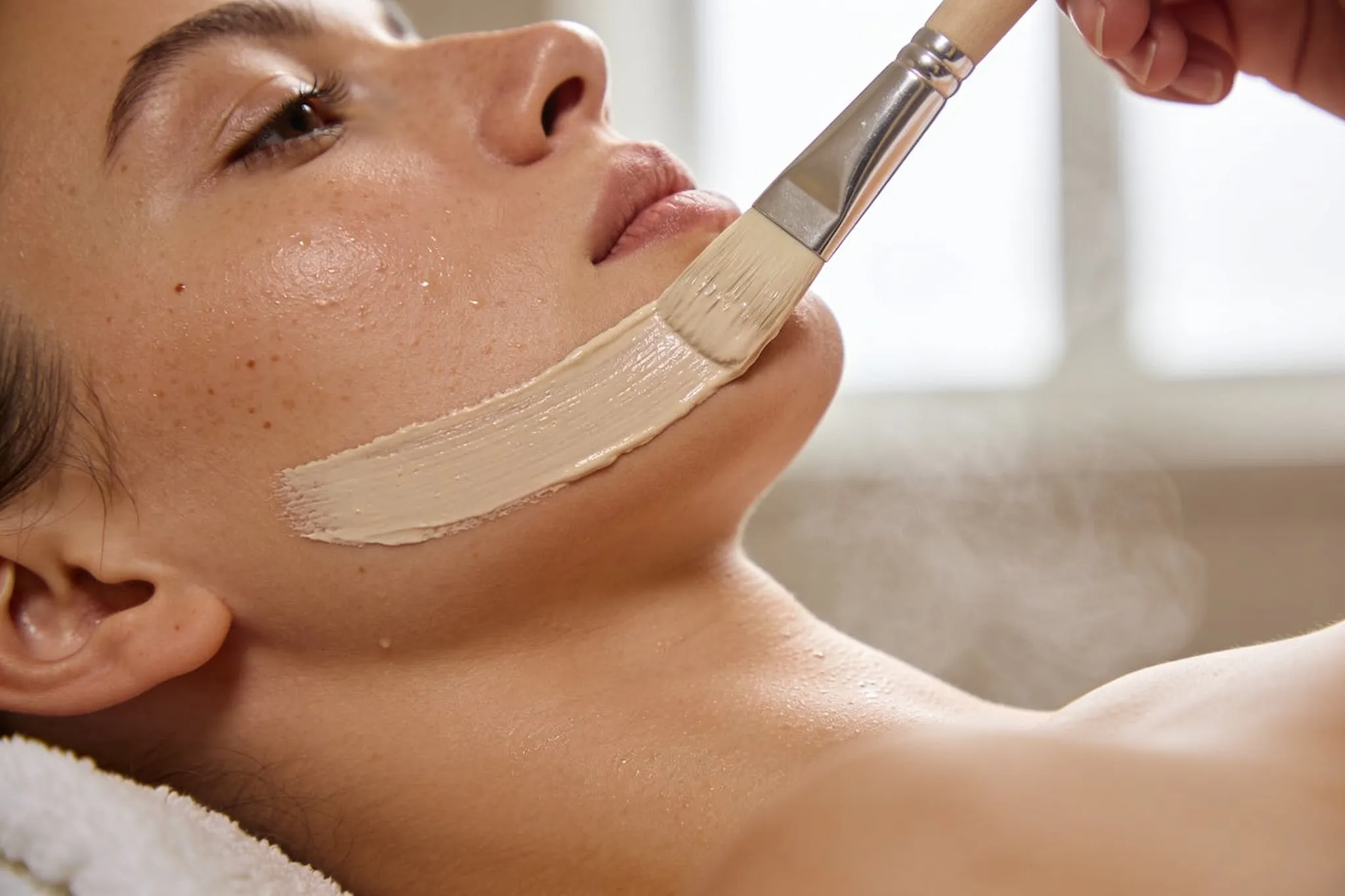 Ansiktsbehandling hos Beauty by Rezi – maskpensel längs käklinjen