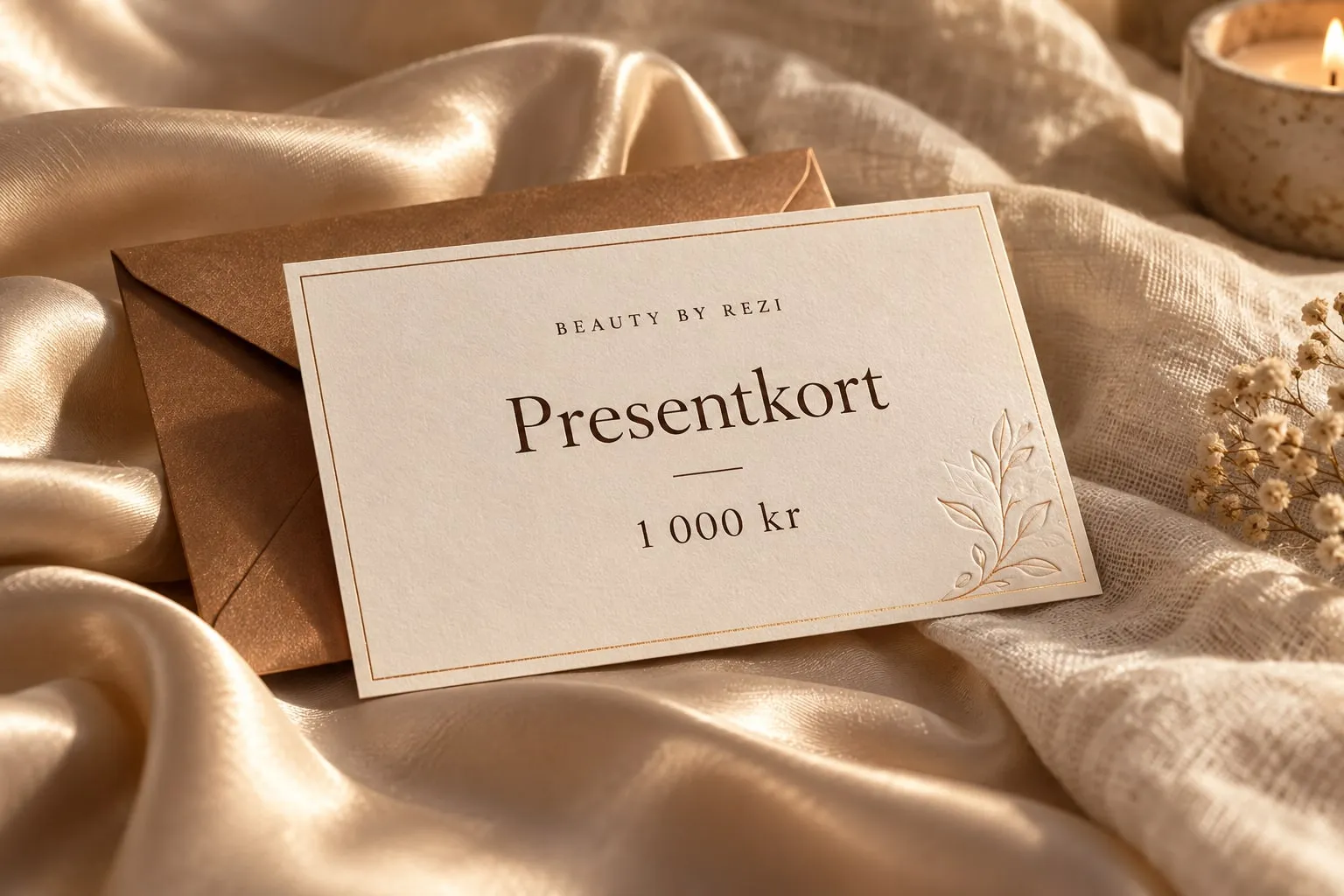 Beauty by Rezi presentkort på elfenbensfärgat linne med ett kopparfärgat kuvert. Exempelbelopp: 1 000 kr.