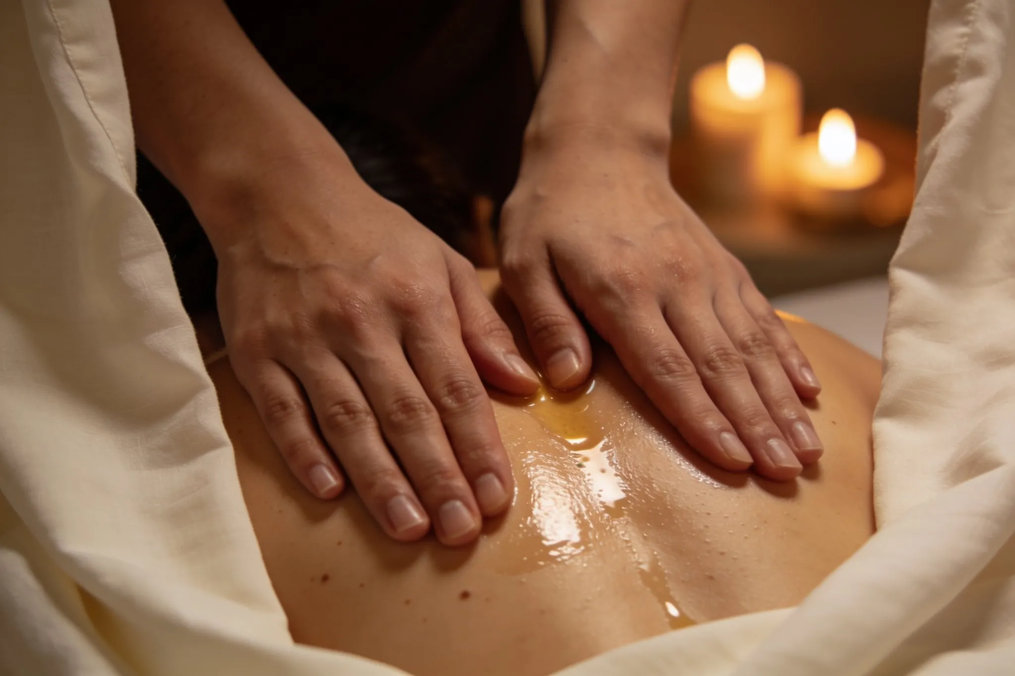 Massage hos Beauty by Rezi – händer på oljad rygg i varmt ljus