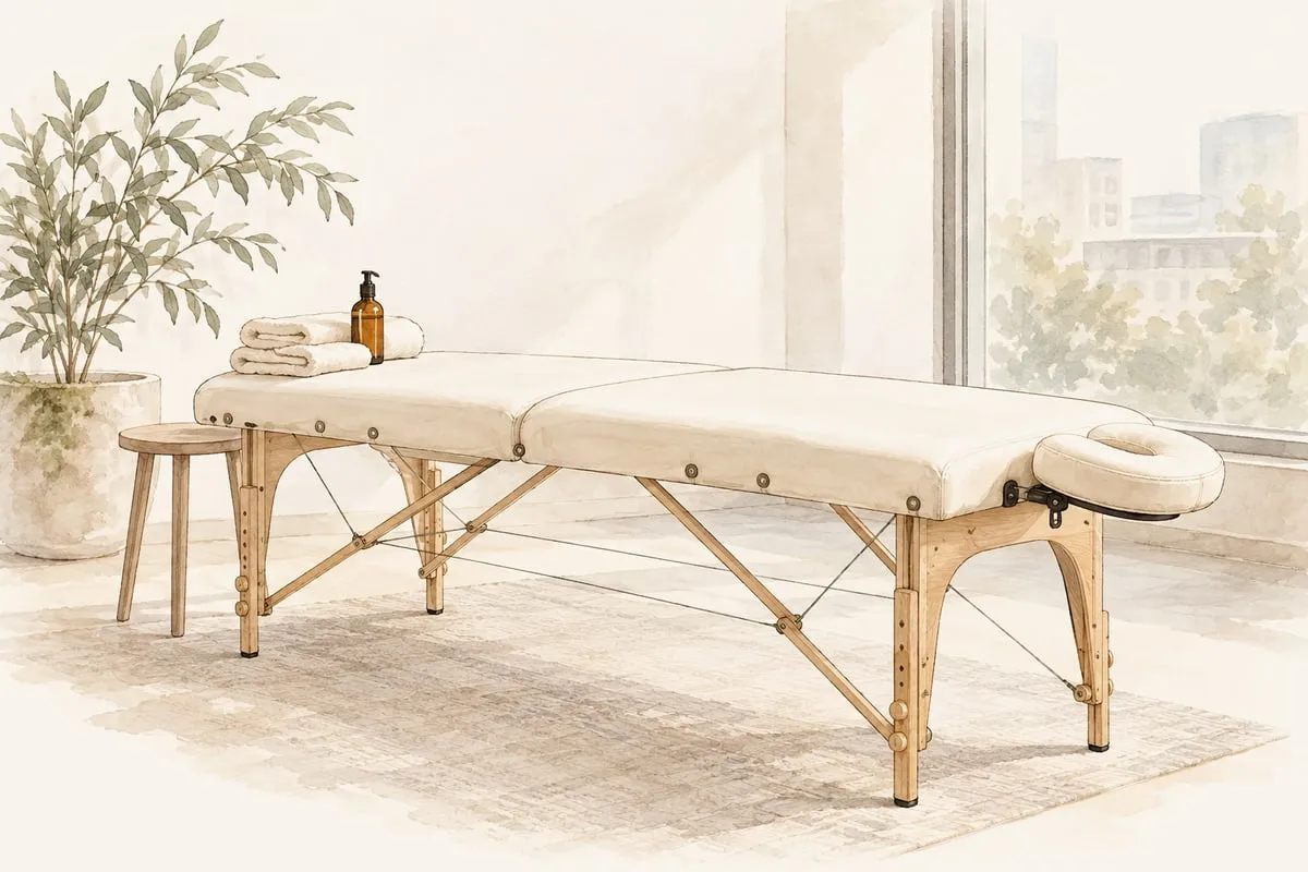 Akvarellillustration av en portabel massagebänk med handdukar i ett avskilt rum på arbetsplatsen